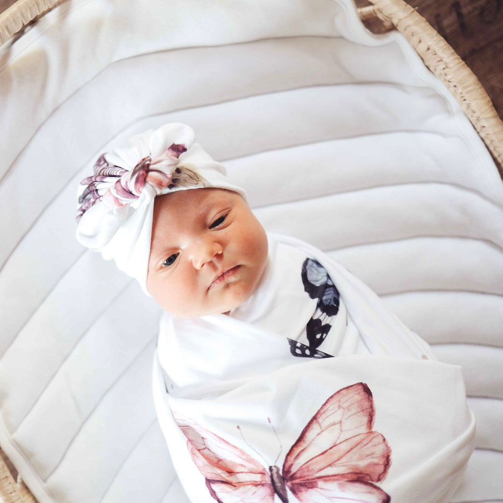 Baby Blanket - Butterflies White with matching Turban
