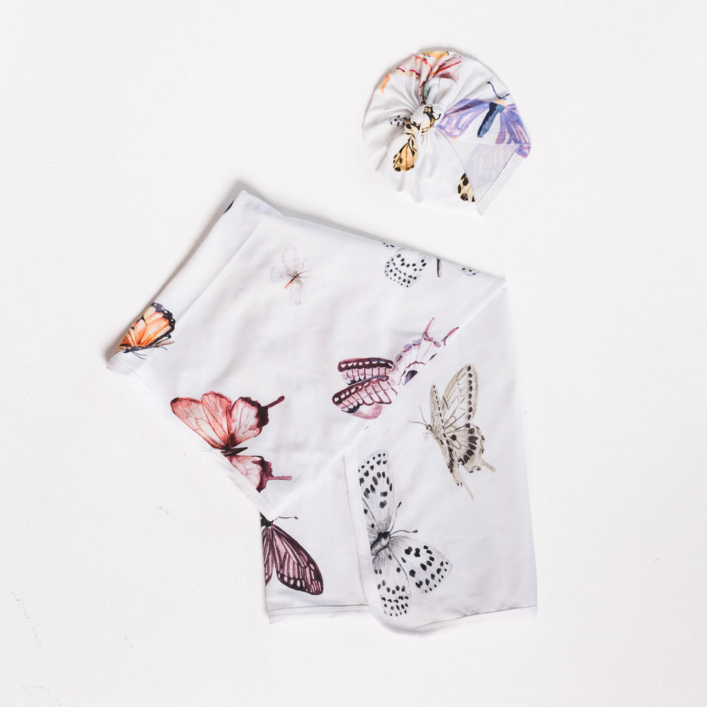 Baby Blanket - Butterflies White with matching Turban