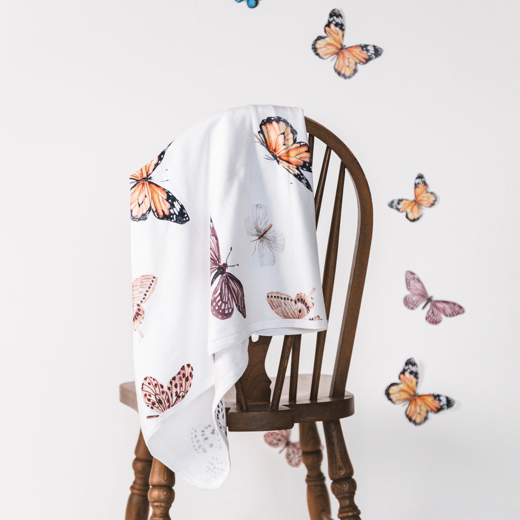 Baby Blanket - Butterflies White with matching Turban