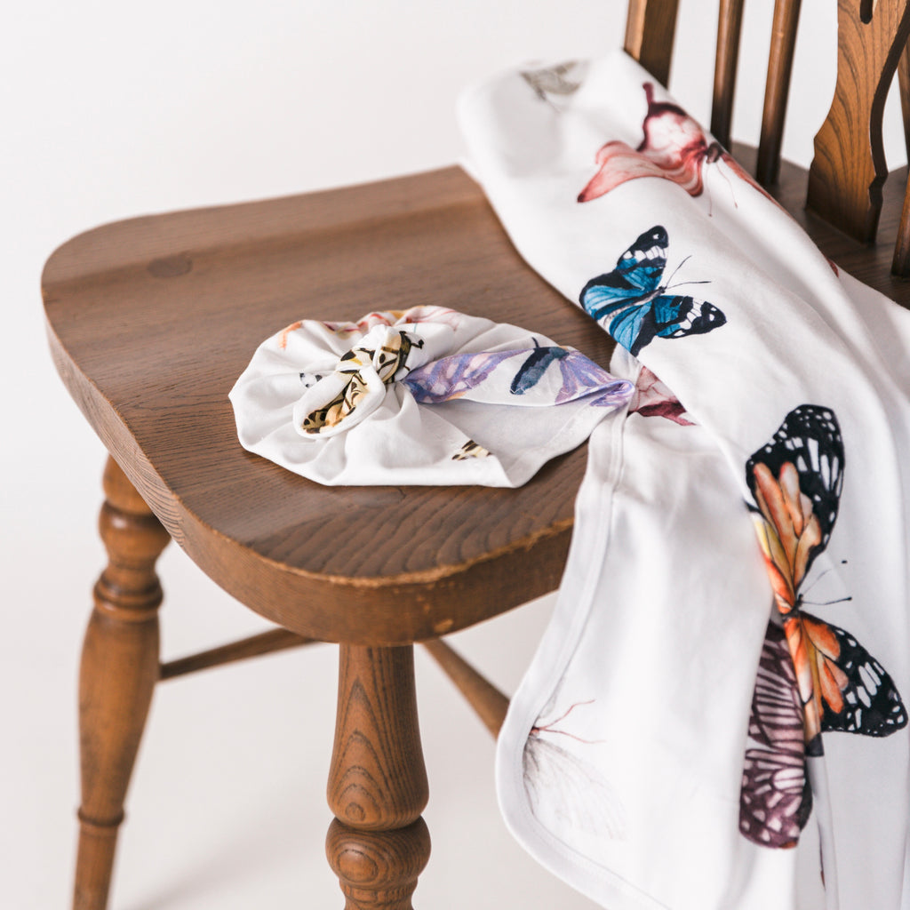 Baby Blanket - Butterflies White with matching Turban